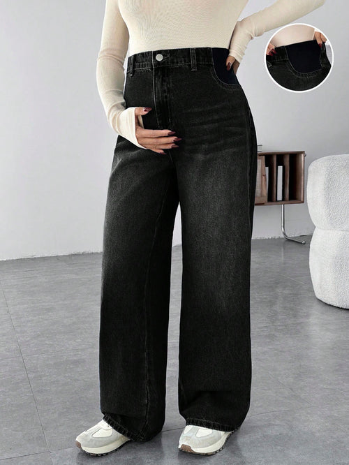 Maternity Casual Loose Wide Leg Jeans, Blue
