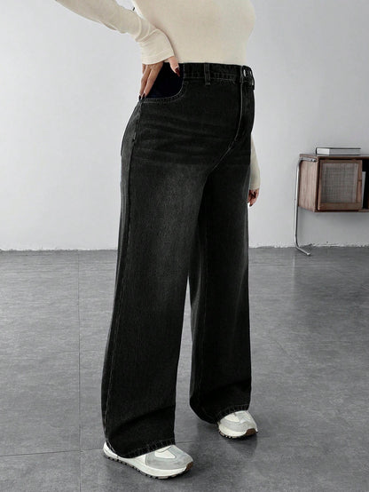 Maternity Casual Loose Wide Leg Jeans, Blue