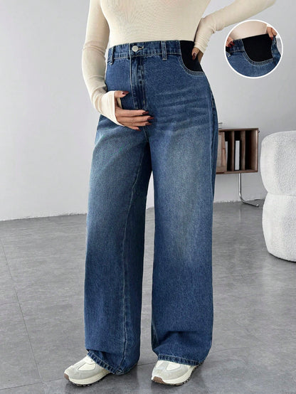 Maternity Casual Loose Wide Leg Jeans, Blue