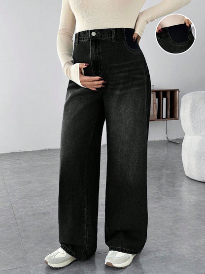 Maternity Casual Loose Wide Leg Jeans, Blue