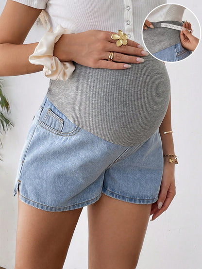 Maternity Knitted Grey Waist Support & Blue Denim Loose Shorts, Suitable For Parties, Holidays, Dates, Valentine's Day, Afternoon Tea, Summer