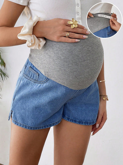 Maternity Knitted Grey Waist Support & Blue Denim Loose Shorts, Suitable For Parties, Holidays, Dates, Valentine's Day, Afternoon Tea, Summer