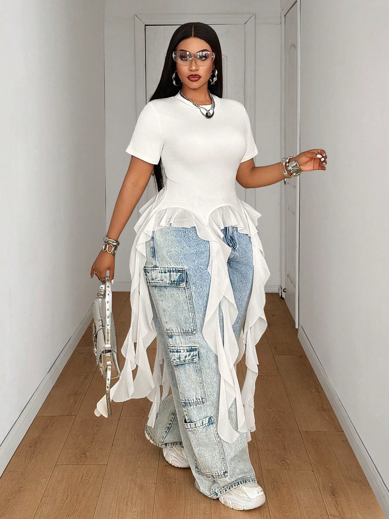 Maweii Plus Size Women's New White Round Neck Short Sleeve Asymmetrical Ruffle Hem T-Shirt, Slim Fit Waist, Multi-Layered Draped Ruffle Hem, Round Neck Short Sleeve Design, High Elastic Skin-Friendly