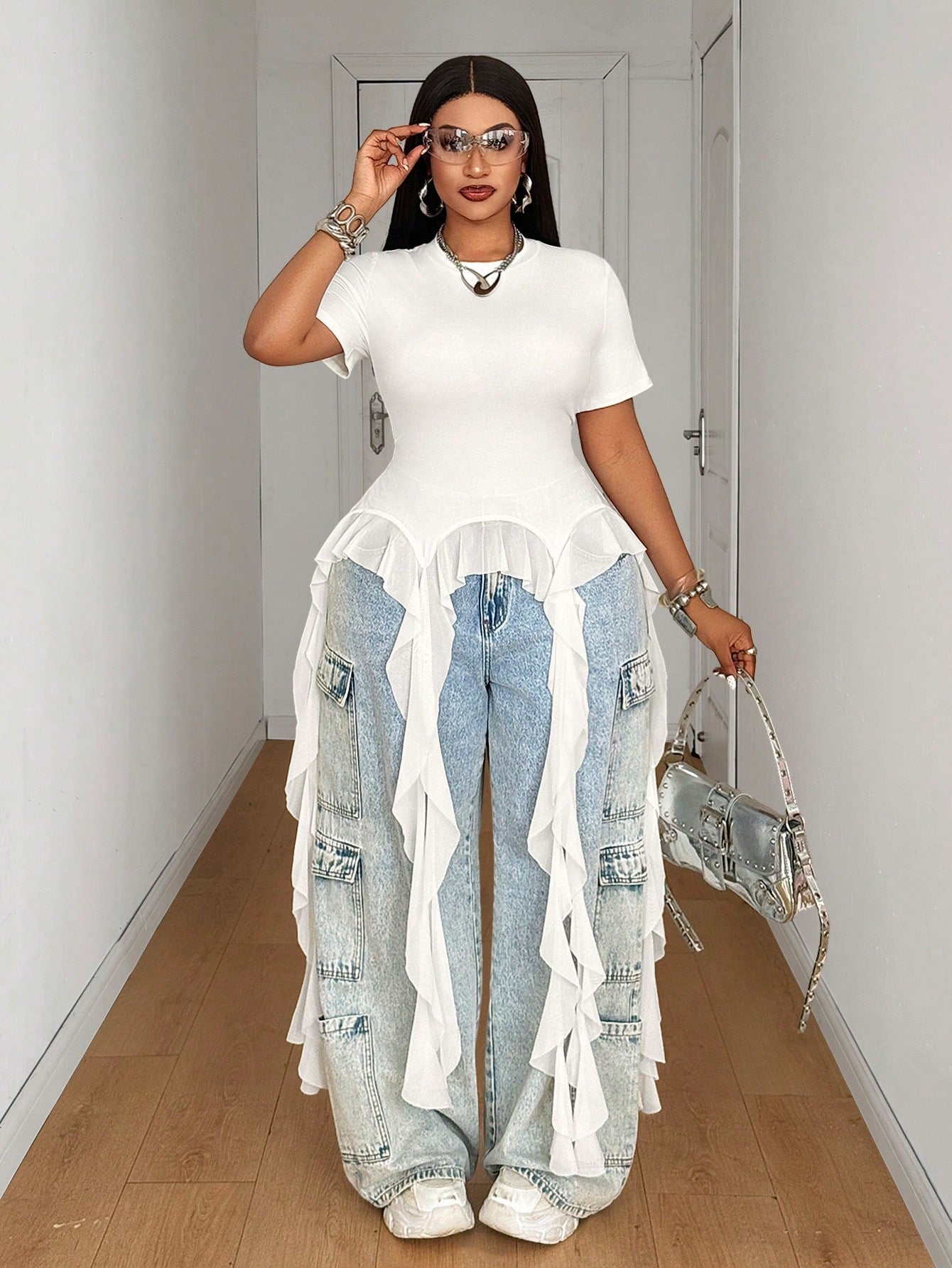 Maweii Plus Size Women's New White Round Neck Short Sleeve Asymmetrical Ruffle Hem T-Shirt, Slim Fit Waist, Multi-Layered Draped Ruffle Hem, Round Neck Short Sleeve Design, High Elastic Skin-Friendly