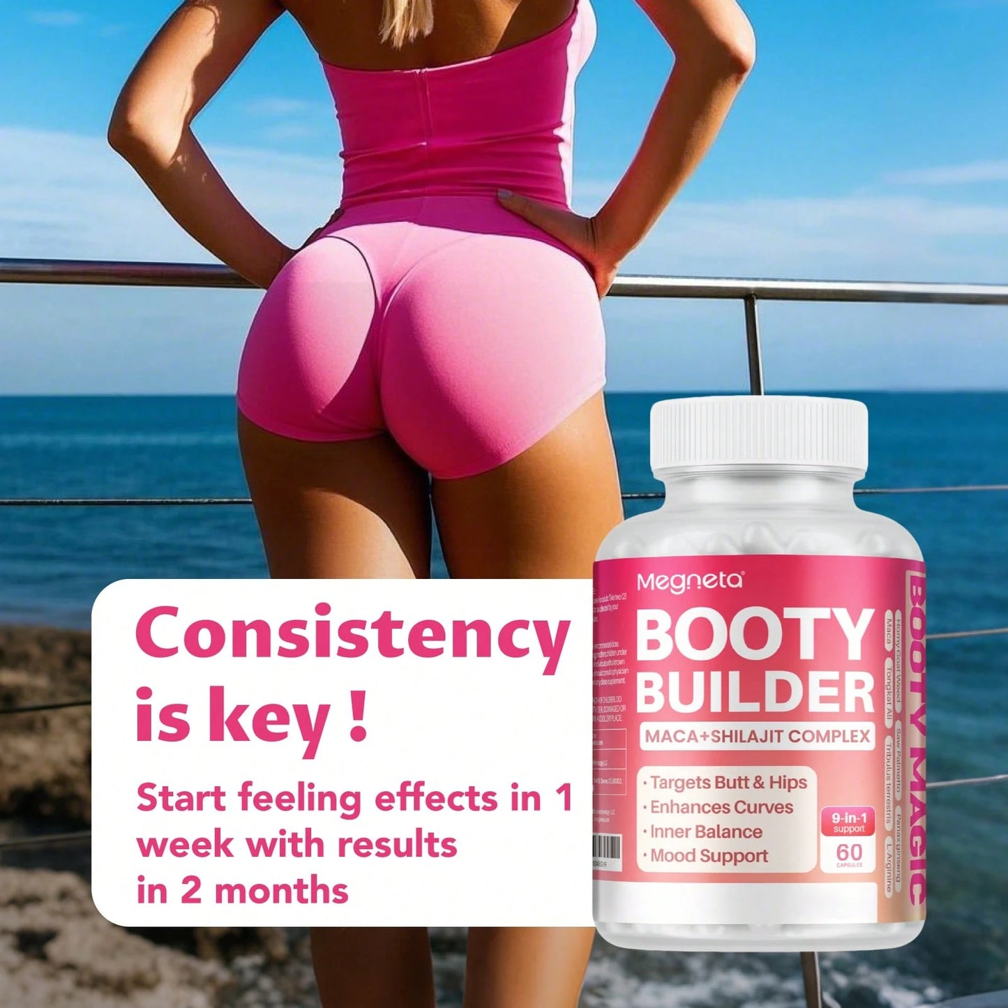MEGNETA BBL,Women Energy Capsules For Butt And HIPS, Maca & Ashwagandha, Tongkat Ali For Natural Curves, Bum Support, Rounder, Plumper, Elasticity Butt, 60 Capsules