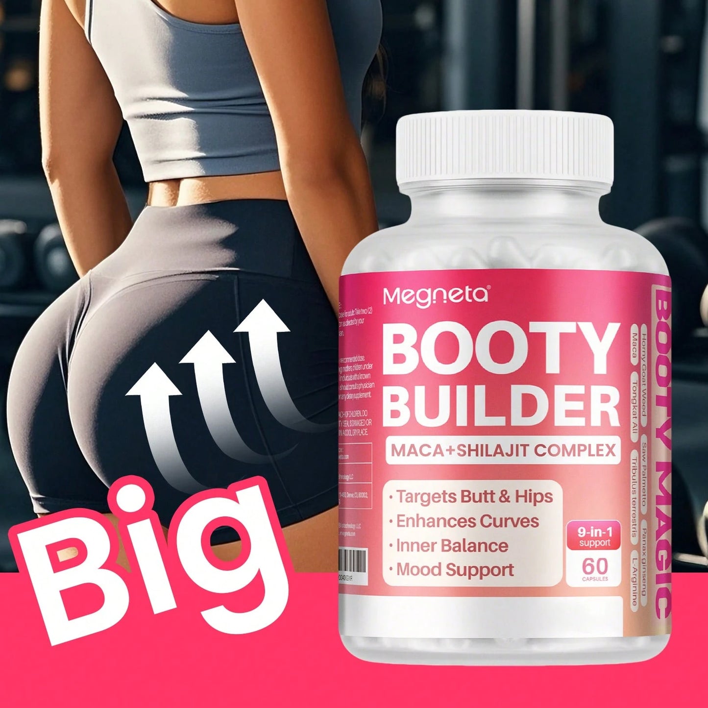 MEGNETA BBL,Women Energy Capsules For Butt And HIPS, Maca & Ashwagandha, Tongkat Ali For Natural Curves, Bum Support, Rounder, Plumper, Elasticity Butt, 60 Capsules