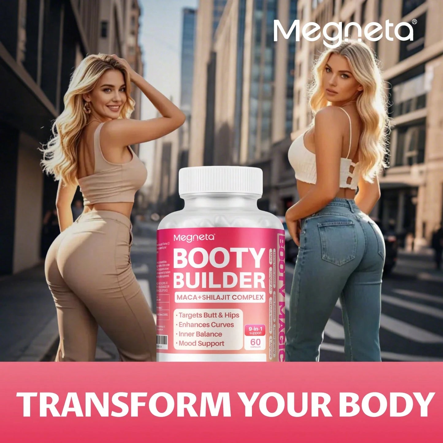 MEGNETA BBL,Women Energy Capsules For Butt And HIPS, Maca & Ashwagandha, Tongkat Ali For Natural Curves, Bum Support, Rounder, Plumper, Elasticity Butt, 60 Capsules