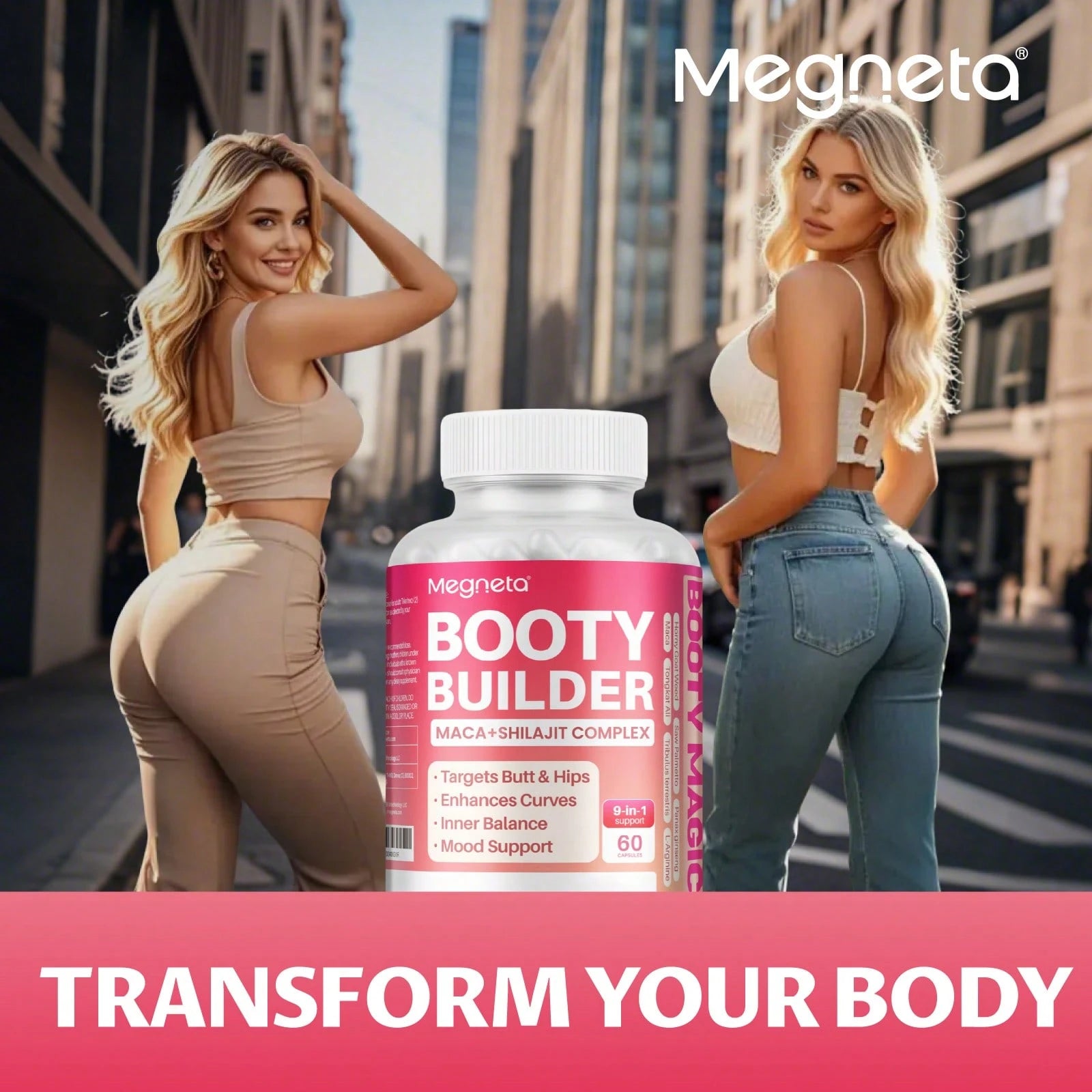 MEGNETA BBL,Women Energy Capsules For Butt And HIPS, Maca & Ashwagandha, Tongkat Ali For Natural Curves, Bum Support, Rounder, Plumper, Elasticity Butt, 60 Capsules