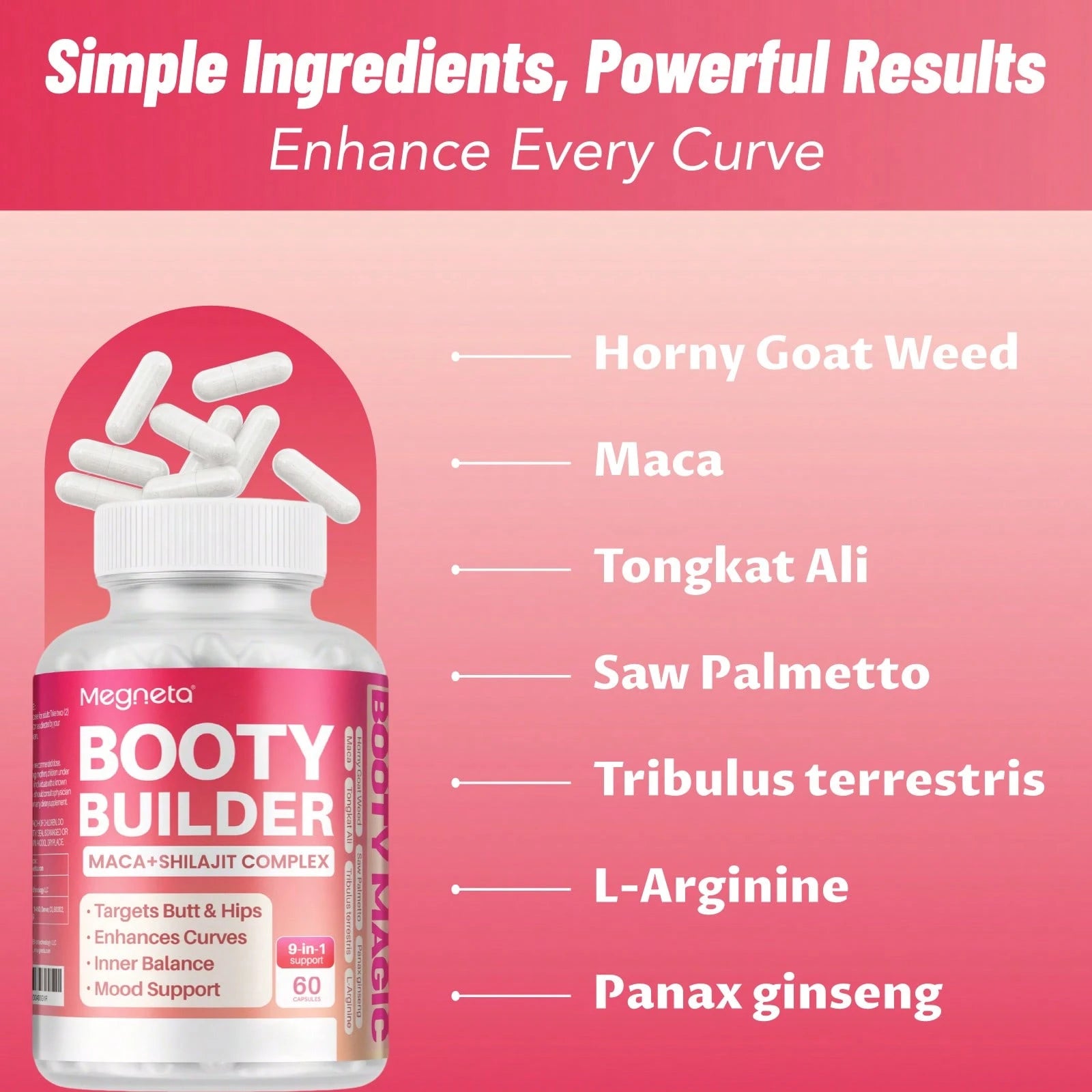 MEGNETA BBL,Women Energy Capsules For Butt And HIPS, Maca & Ashwagandha, Tongkat Ali For Natural Curves, Bum Support, Rounder, Plumper, Elasticity Butt, 60 Capsules