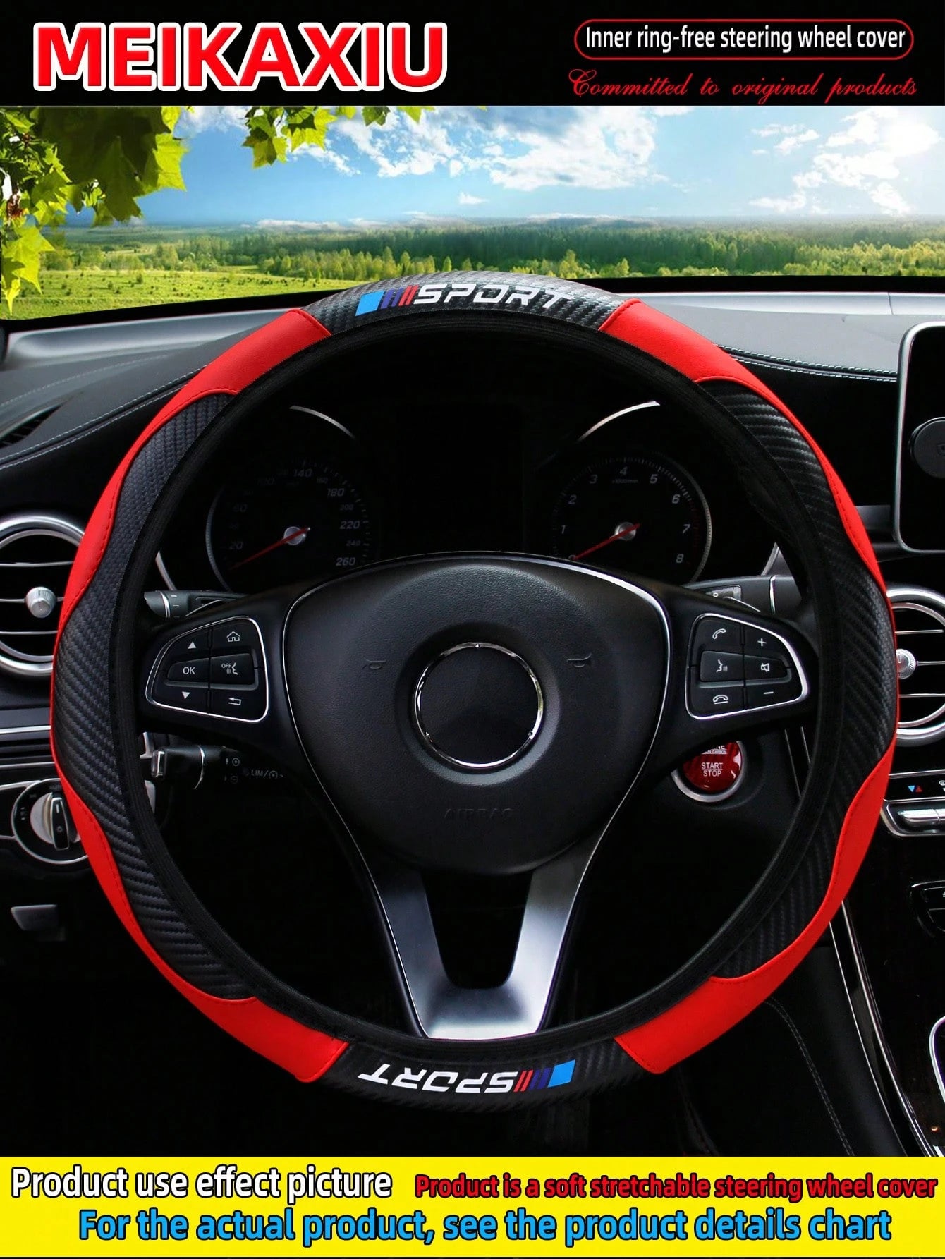 MEIKAXIU 1pc Carbon Fiber Leather Sport Car Steering Wheel Cover, Fits 14.5-15 Inch Steering Wheel, Automotive Accessories, Unisex, All Season