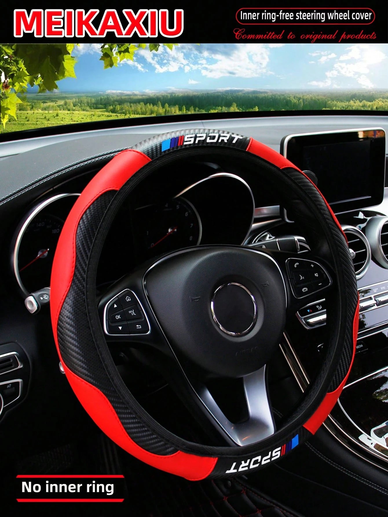 MEIKAXIU 1pc Carbon Fiber Leather Sport Car Steering Wheel Cover, Fits 14.5-15 Inch Steering Wheel, Automotive Accessories, Unisex, All Season