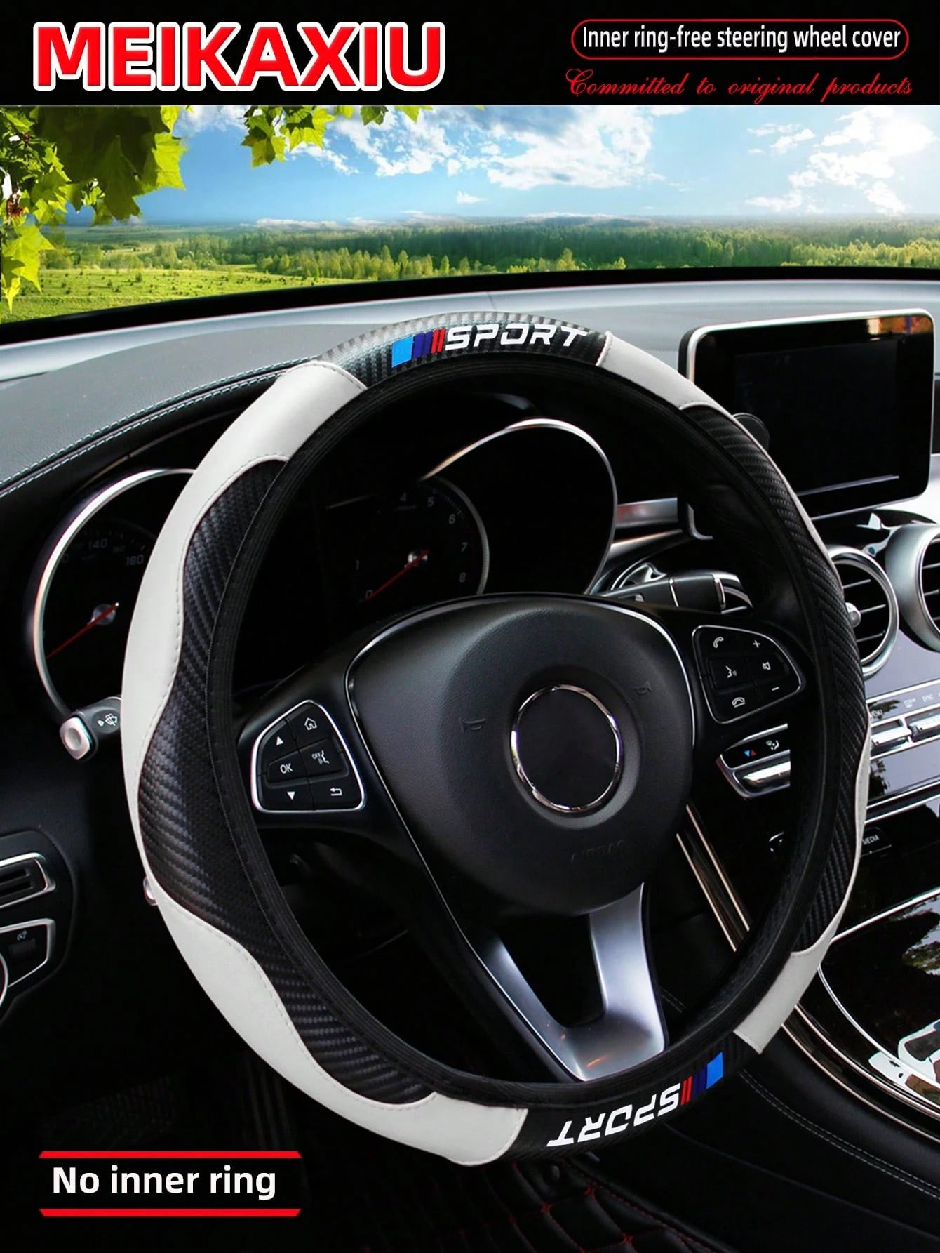 MEIKAXIU 1pc Carbon Fiber Leather Sport Car Steering Wheel Cover, Fits 14.5-15 Inch Steering Wheel, Automotive Accessories, Unisex, All Season