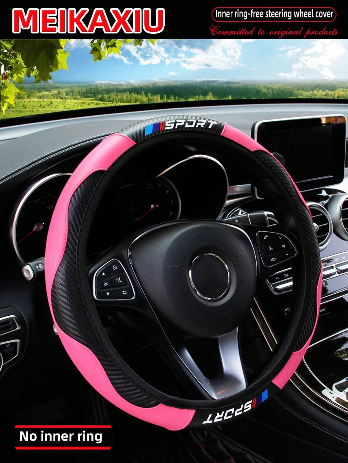 MEIKAXIU 1pc Carbon Fiber Leather Sport Car Steering Wheel Cover, Fits 14.5-15 Inch Steering Wheel, Automotive Accessories, Unisex, All Season