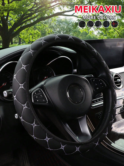 MEIKAXIU 1pc PU Leather Embroidered Soft & Comfortable Car Steering Wheel Cover, Fits 15inch, Black/Red/Blue, Unisex Car Interior Accessories