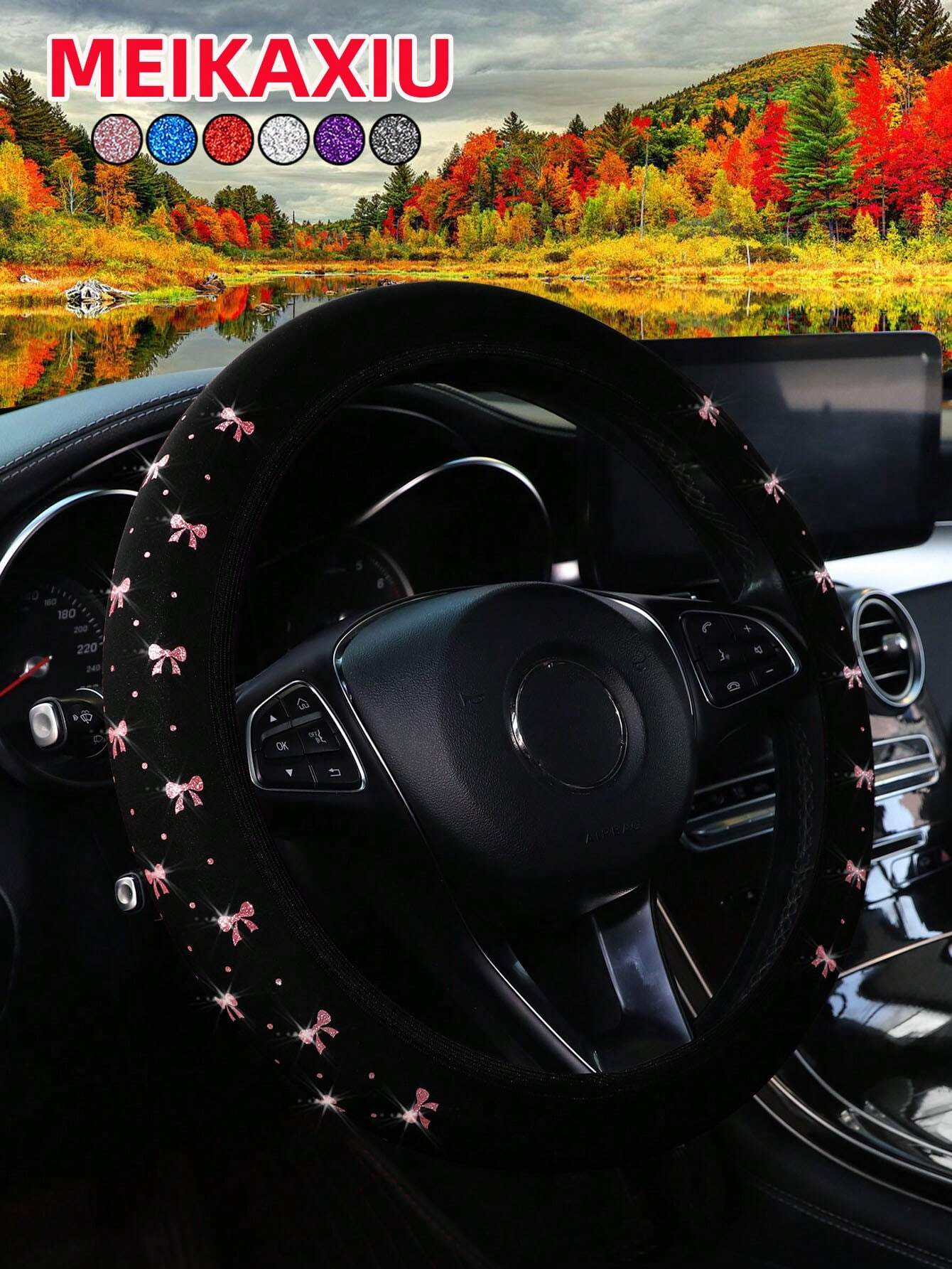 MEIKAXIU 1pc Women's 14.5-15 Inch Stretch Steering Wheel Cover- Multi-Color Diving Material With Metallic Bowknot, Stylish Car Interior Decor