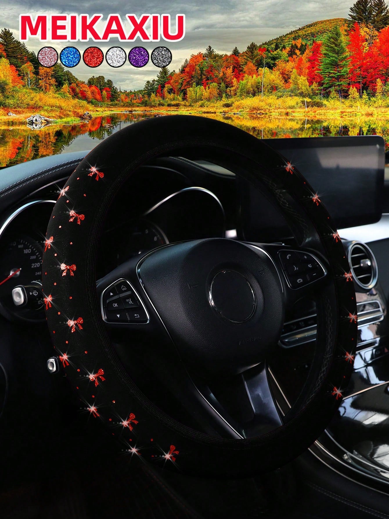 MEIKAXIU 1pc Women's 14.5-15 Inch Stretch Steering Wheel Cover- Multi-Color Diving Material With Metallic Bowknot, Stylish Car Interior Decor