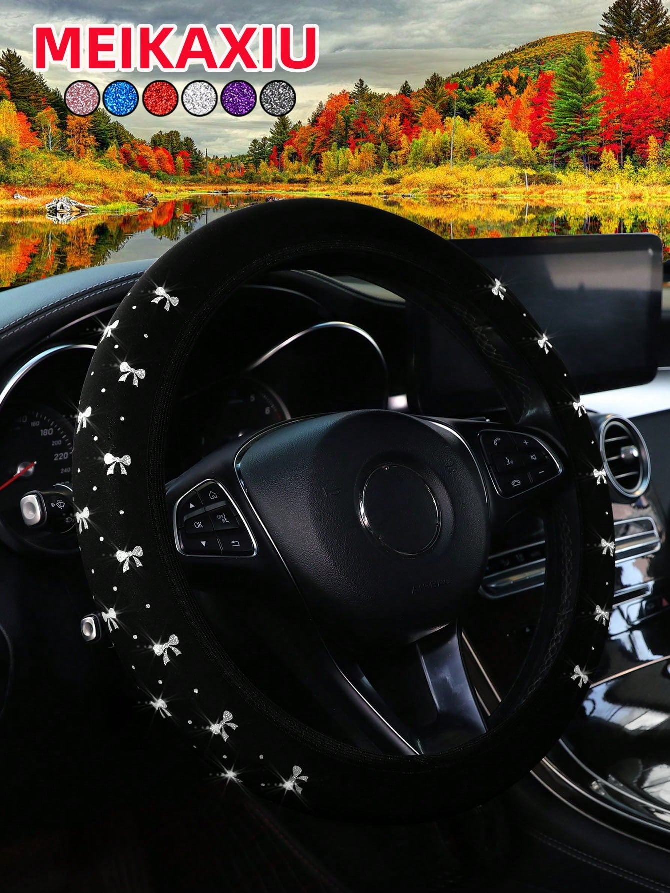 MEIKAXIU 1pc Women's 14.5-15 Inch Stretch Steering Wheel Cover- Multi-Color Diving Material With Metallic Bowknot, Stylish Car Interior Decor