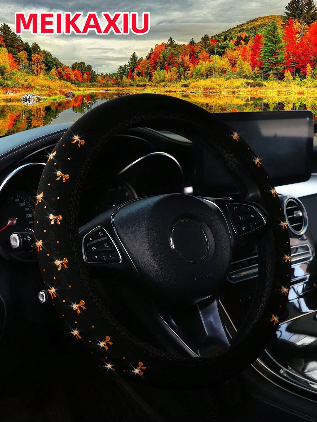 MEIKAXIU 1pc Women's 14.5-15 Inch Stretch Steering Wheel Cover- Multi-Color Diving Material With Metallic Bowknot, Stylish Car Interior Decor