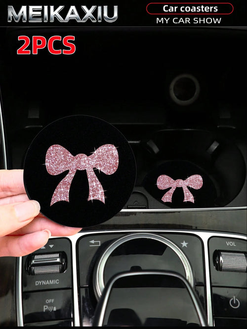 MEIKAXIU 2pcs Large Bow Bling Bling Fabric Cup Coasters Car Cup Holder Mats Car Decor Accessories For Women