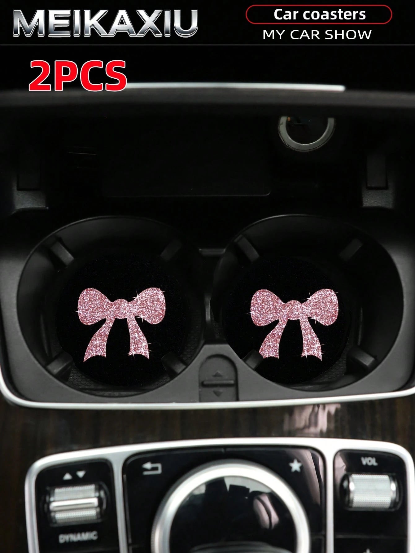 MEIKAXIU 2pcs Large Bow Bling Bling Fabric Cup Coasters Car Cup Holder Mats Car Decor Accessories For Women