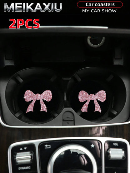 MEIKAXIU 2pcs Large Bow Bling Bling Fabric Cup Coasters Car Cup Holder Mats Car Decor Accessories For Women