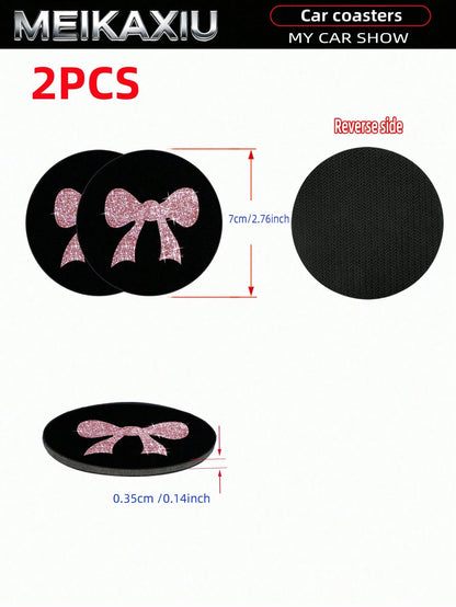 MEIKAXIU 2pcs Large Bow Bling Bling Fabric Cup Coasters Car Cup Holder Mats Car Decor Accessories For Women