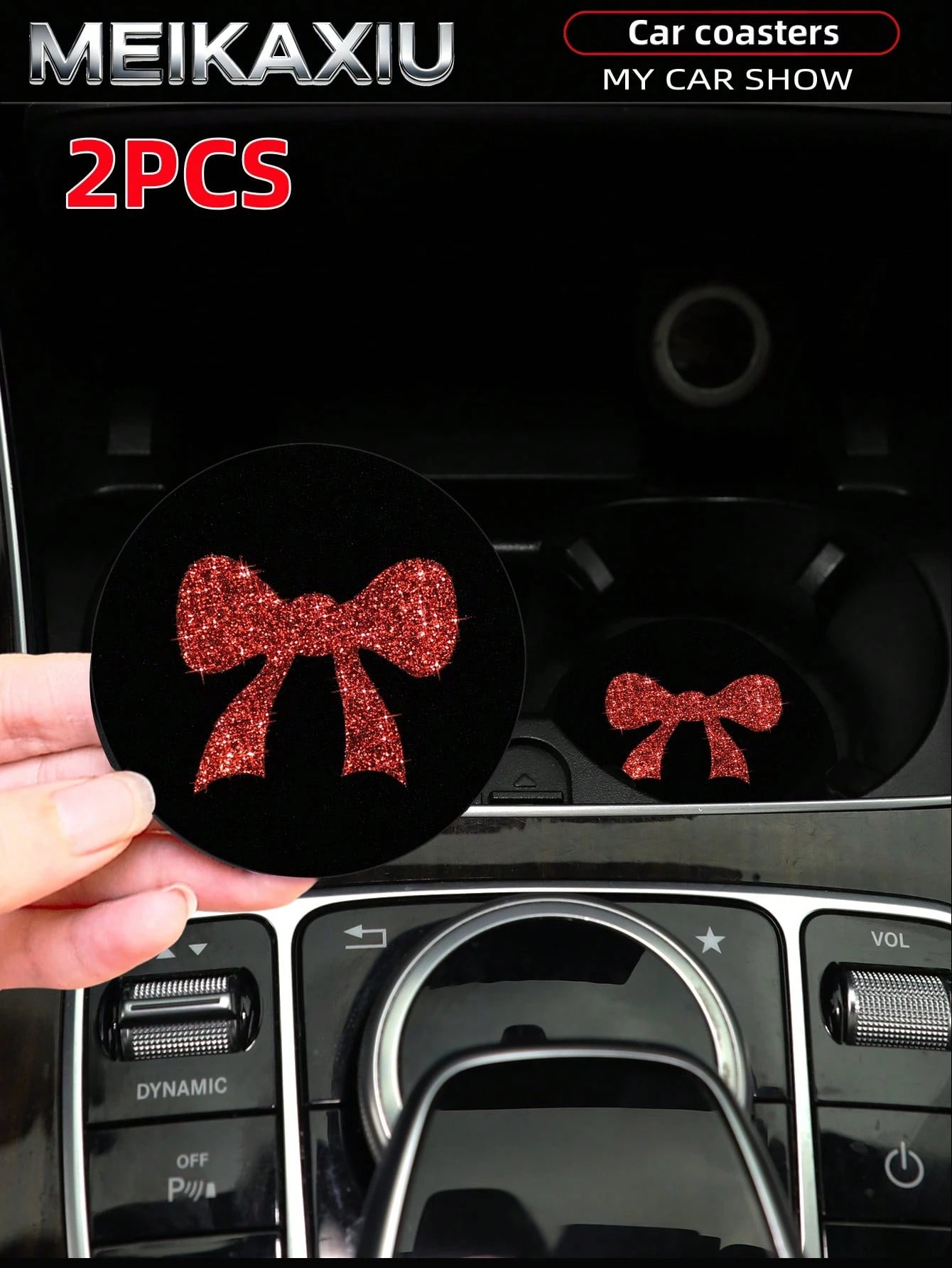 MEIKAXIU 2pcs Large Bow Bling Bling Fabric Cup Coasters Car Cup Holder Mats Car Decor Accessories For Women