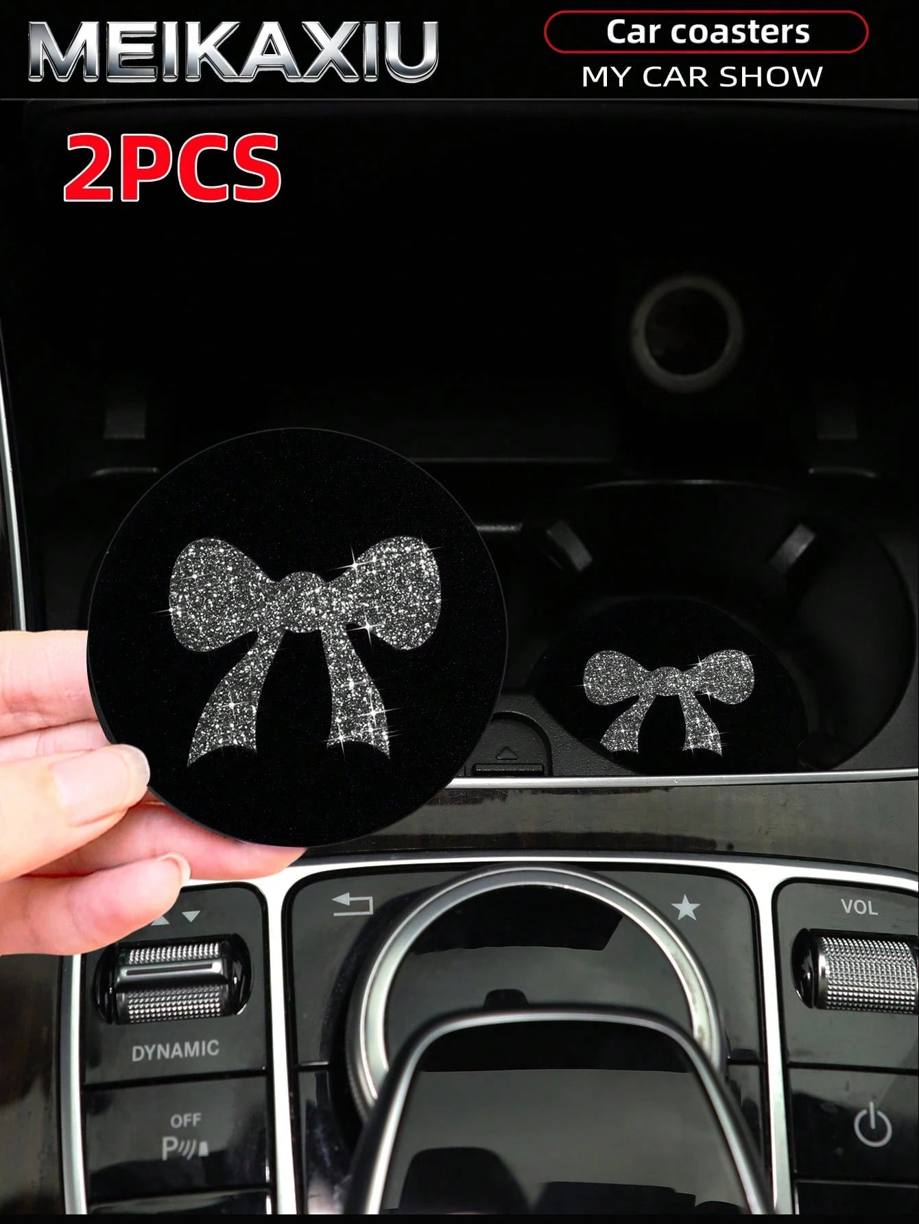 MEIKAXIU 2pcs Large Bow Bling Bling Fabric Cup Coasters Car Cup Holder Mats Car Decor Accessories For Women