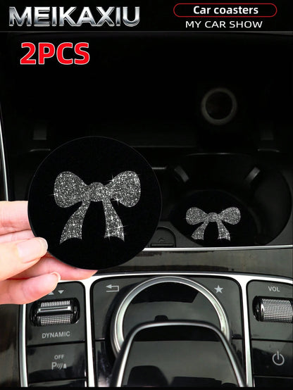 MEIKAXIU 2pcs Large Bow Bling Bling Fabric Cup Coasters Car Cup Holder Mats Car Decor Accessories For Women