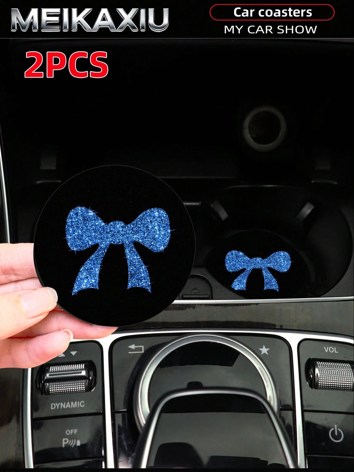 MEIKAXIU 2pcs Large Bow Bling Bling Fabric Cup Coasters Car Cup Holder Mats Car Decor Accessories For Women