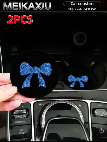 MEIKAXIU 2pcs Large Bow Bling Bling Fabric Cup Coasters Car Cup Holder Mats Car Decor Accessories For Women