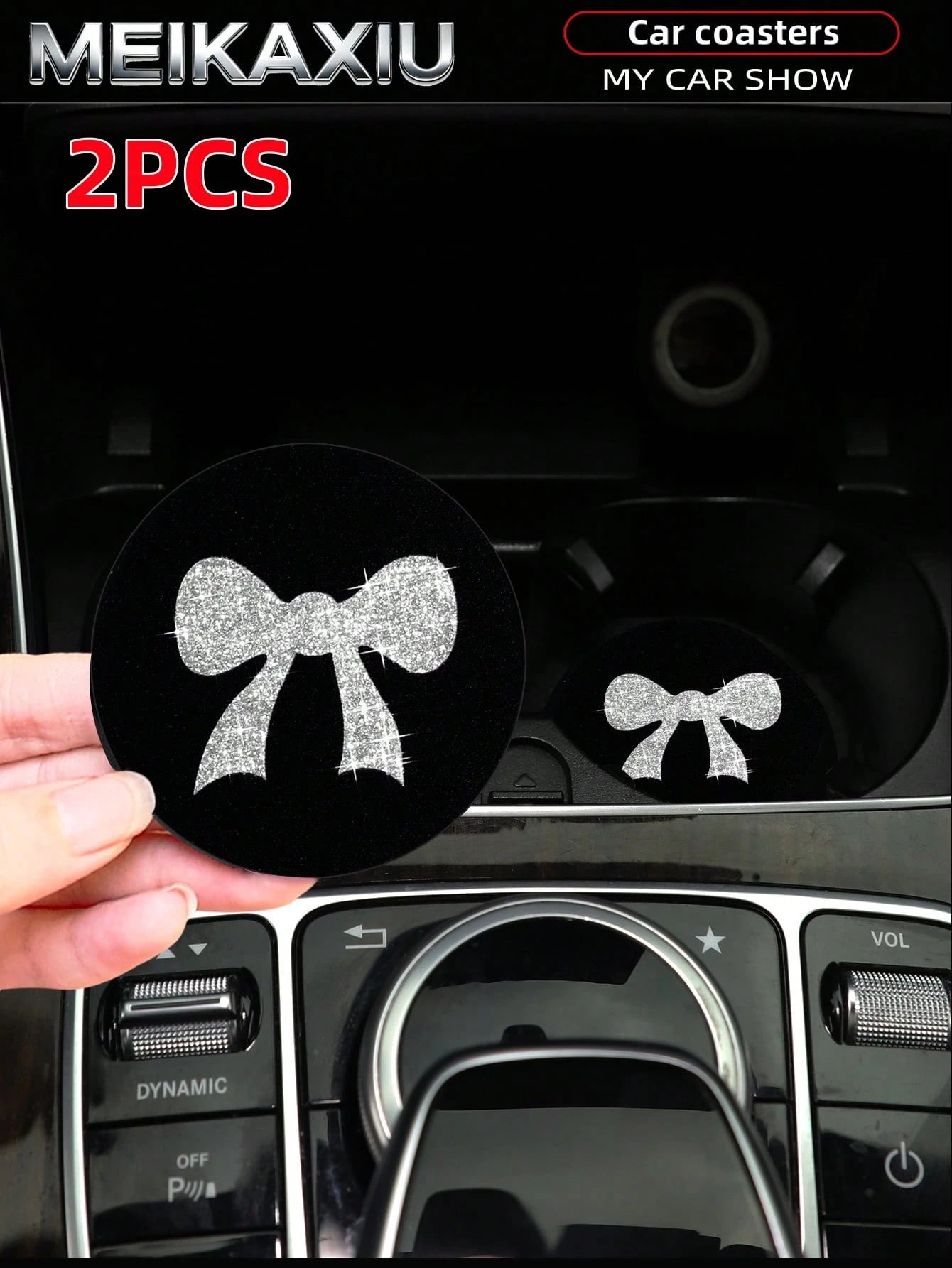MEIKAXIU 2pcs Large Bow Bling Bling Fabric Cup Coasters Car Cup Holder Mats Car Decor Accessories For Women