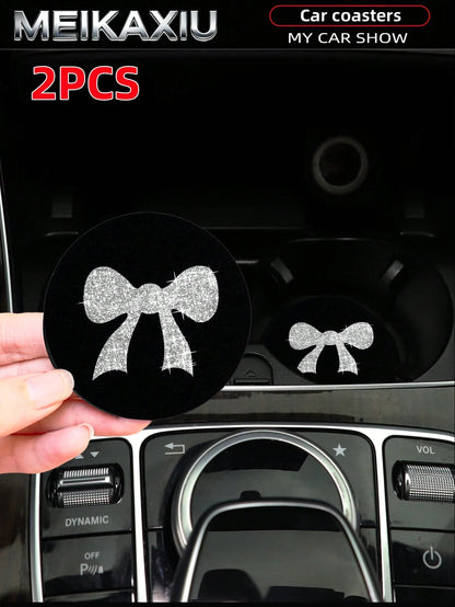 MEIKAXIU 2pcs Large Bow Bling Bling Fabric Cup Coasters Car Cup Holder Mats Car Decor Accessories For Women