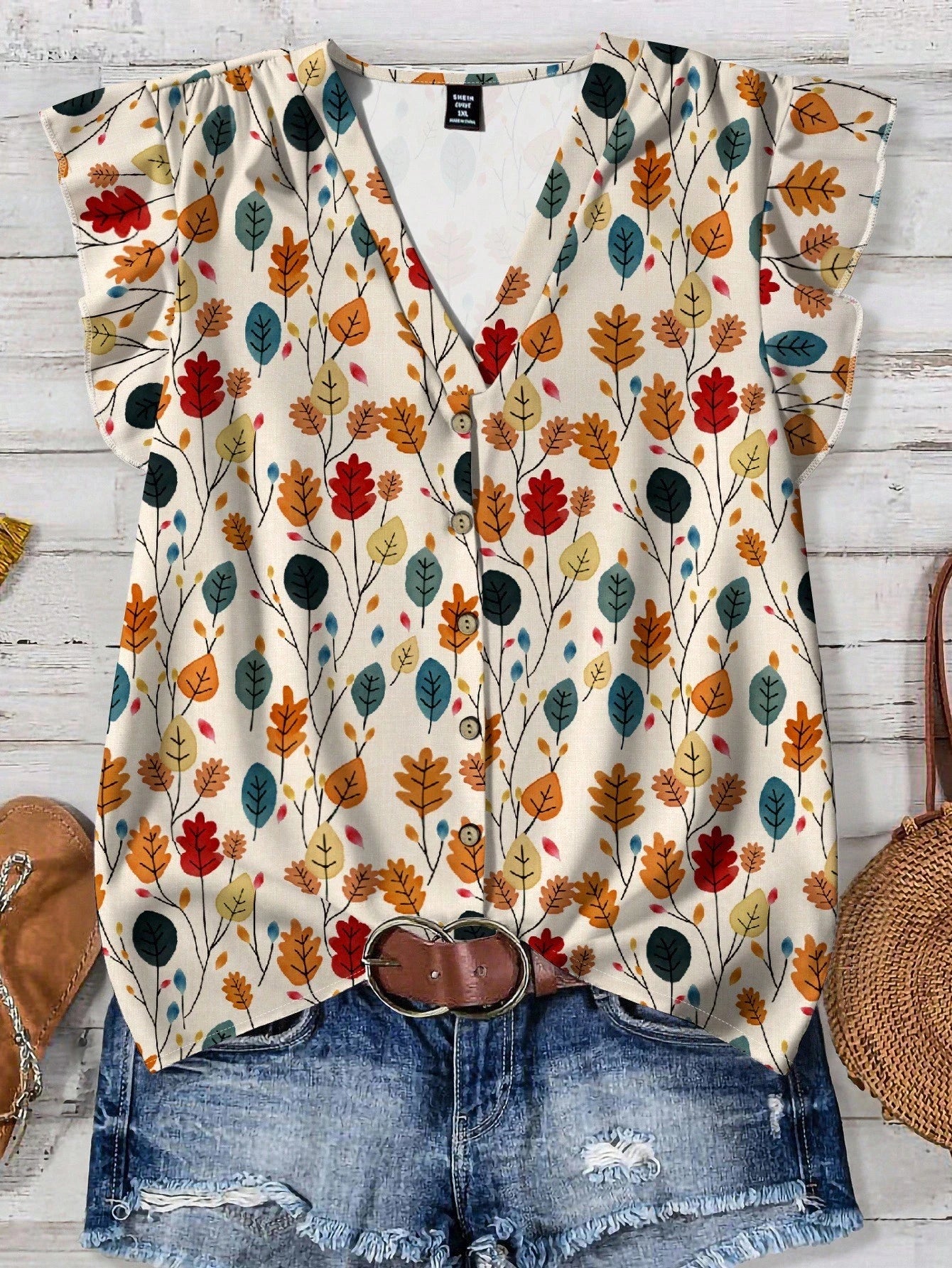 Mellowie Plus Size Women's Multicolor Autumn Boho Picnic Floral Loose Shirt,V-Neck Flutter Sleeves Vacation Casual Chic Blouses,Summer Boho Tops Fall