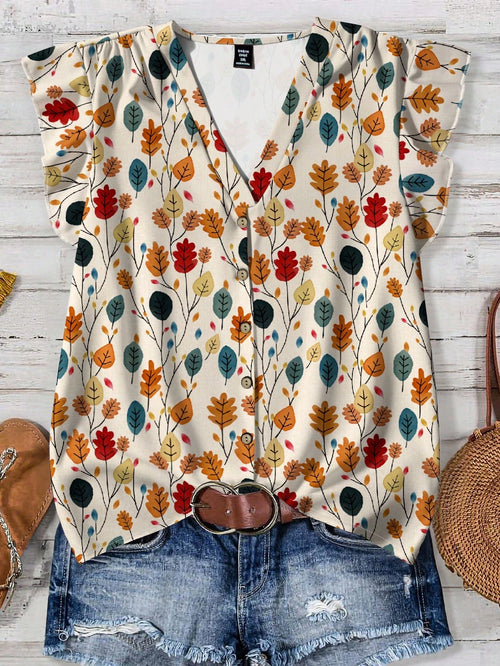 Mellowie Plus Size Women's Multicolor Autumn Boho Picnic Floral Loose Shirt,V-Neck Flutter Sleeves Vacation Casual Chic Blouses,Summer Boho Tops Fall