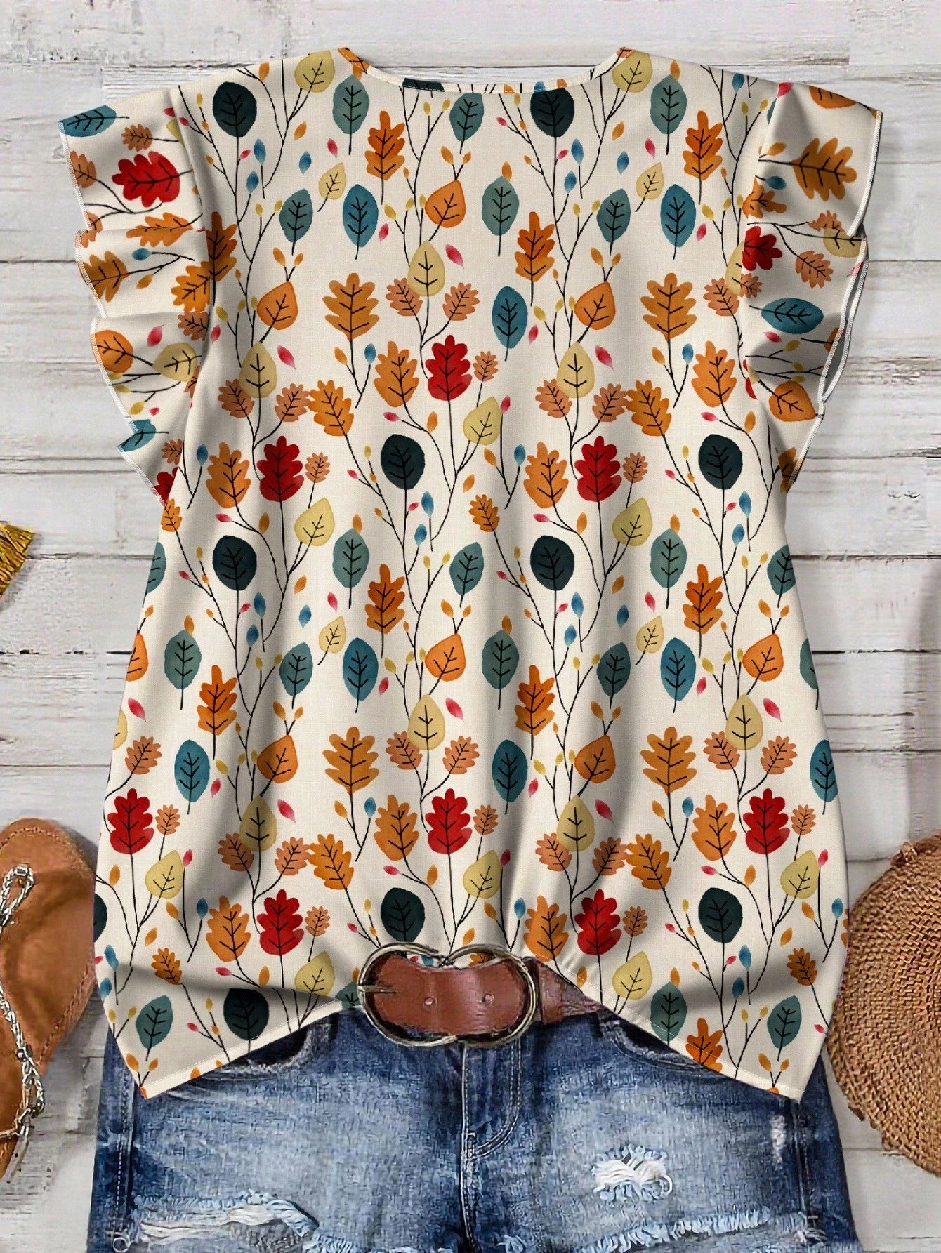 Mellowie Plus Size Women's Multicolor Autumn Boho Picnic Floral Loose Shirt,V-Neck Flutter Sleeves Vacation Casual Chic Blouses,Summer Boho Tops Fall