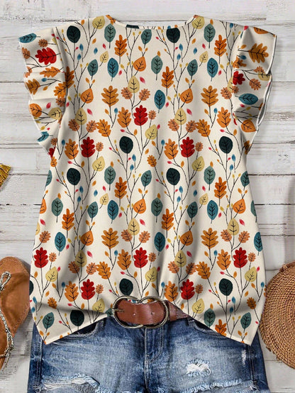 Mellowie Plus Size Women's Multicolor Autumn Boho Picnic Floral Loose Shirt,V-Neck Flutter Sleeves Vacation Casual Chic Blouses,Summer Boho Tops Fall