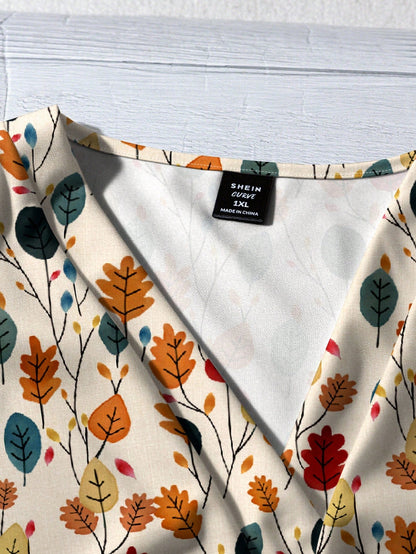 Mellowie Plus Size Women's Multicolor Autumn Boho Picnic Floral Loose Shirt,V-Neck Flutter Sleeves Vacation Casual Chic Blouses,Summer Boho Tops Fall