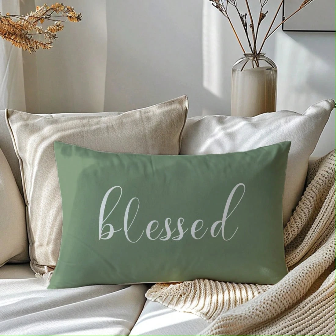 MEMNUN 1pc Modern Simple Sage Green Text Print Decorative Throw Pillow Cover [No Pillow Insert], 11.81*19.71in(30*50cm)/15.75*23.62in(40*60cm), [Single-Sided Print] Polyester Cushion Cover For Sofa, B