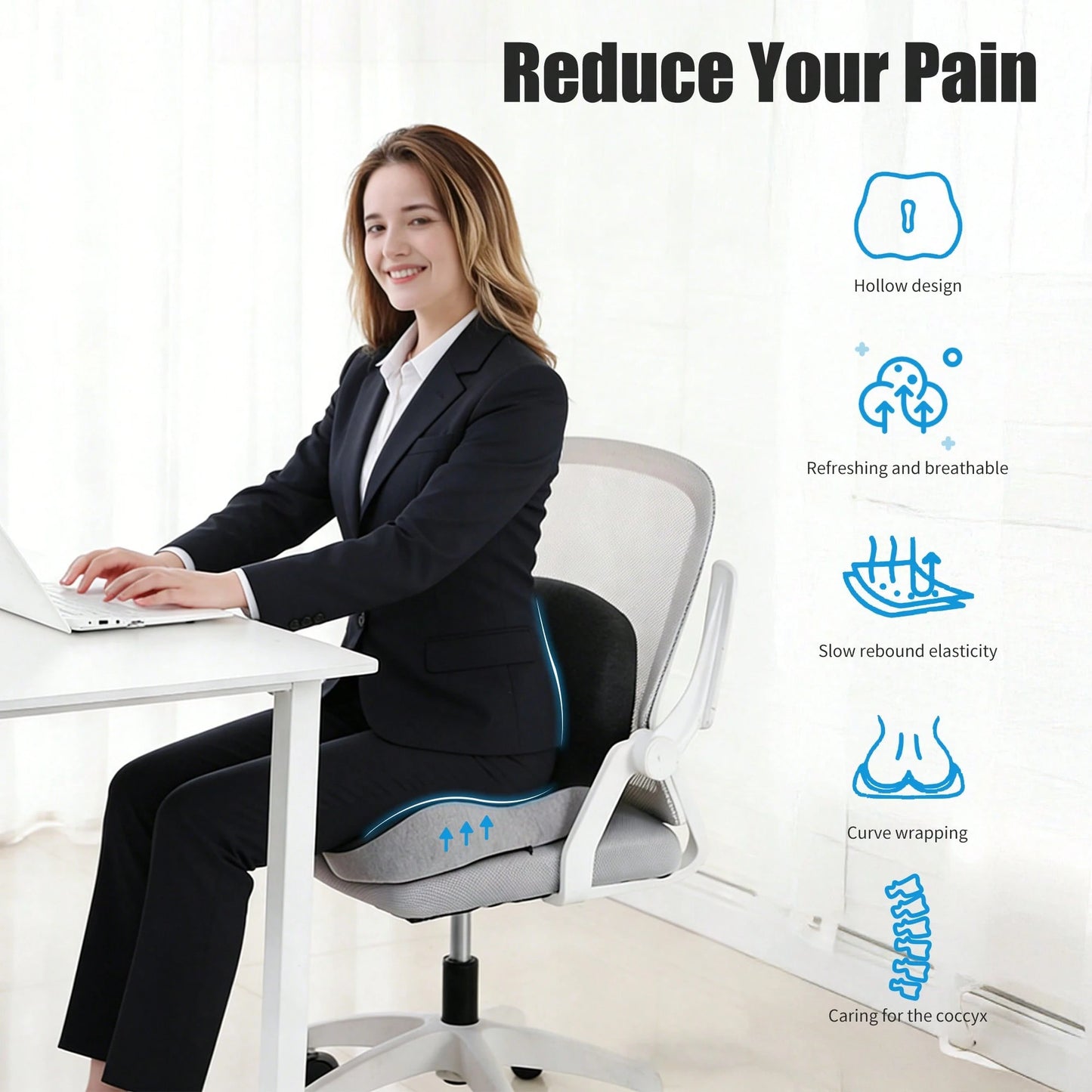 Memory Foam Car Seat Cushion Office Chair Cushion With Fixing Strap, L-Shaped Integrated Soothe Chair Seat Cushion For Lower Back Protection Pad Memory Foam Seat Cushion For Car,Chair,Office Chair Mot
