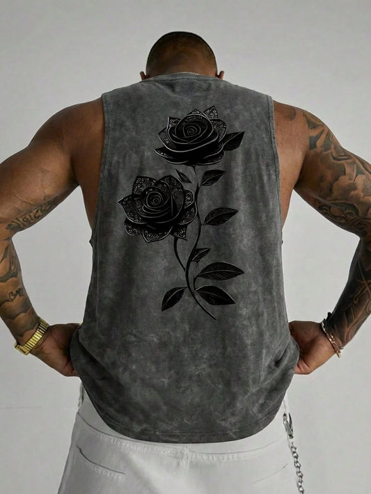 Men's Casual Black Rose & Snowflake Print Round Neck T-Shirt, Versatile For Summer