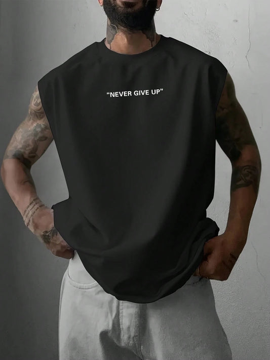 Men's Casual Letter Print Round Neck Dropped Shoulder Tank Top, Versatile For Summer