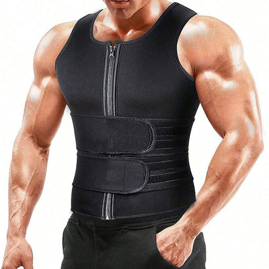 Men's Double Strap Vest With Rubber Reinforcement, Sweat Absorbent, Adjustable Waist, Zipper &" "& For Body Shaping And Workout Posture Corrector Waist Trainer Tummy Control Sweat Belt Waist Trimmer A