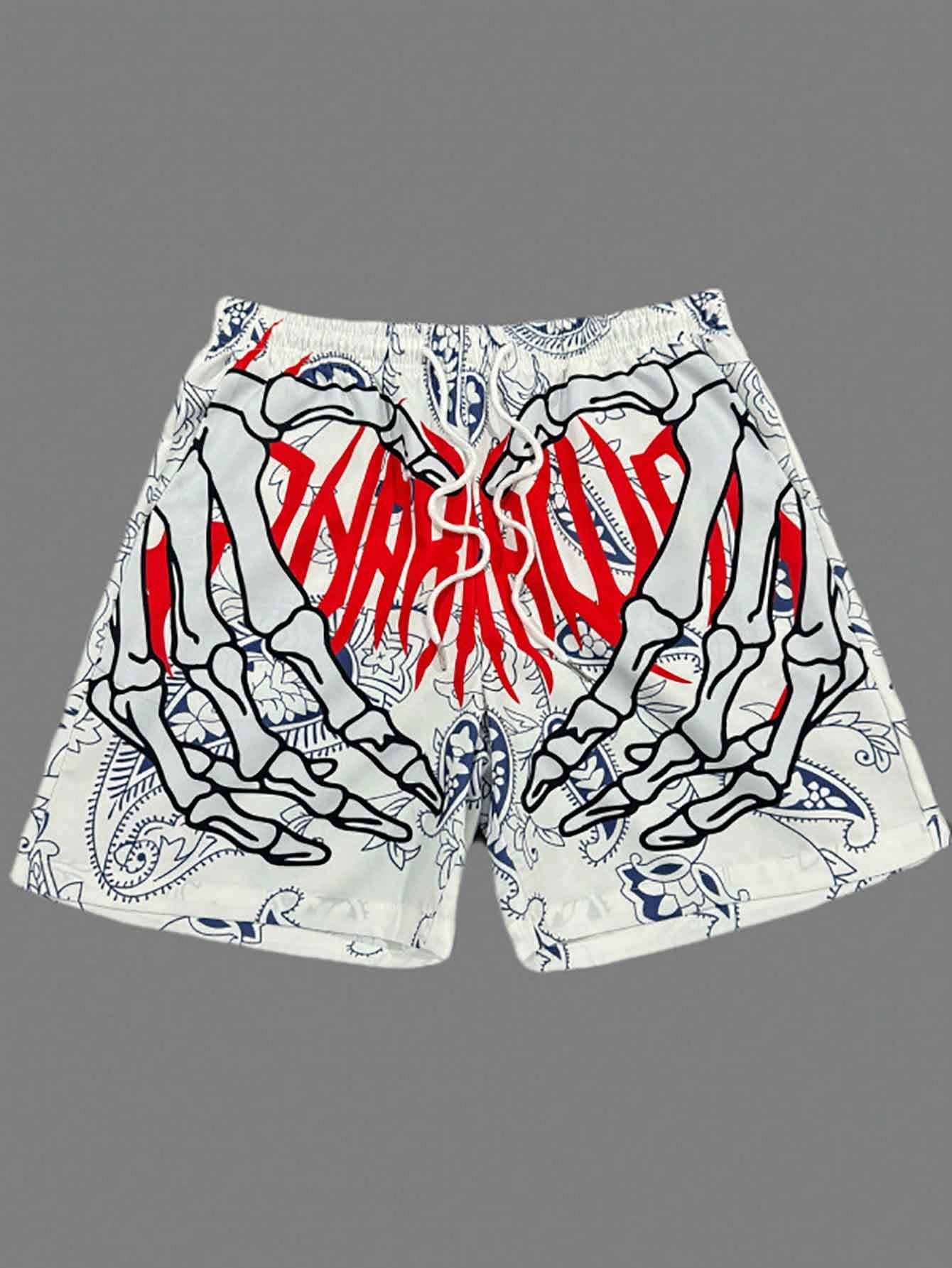 Men's Fashion Hawaiian Pattern Drawstring Waist Shorts With Skull Print, Suitable For Beach, Pool And Vacation