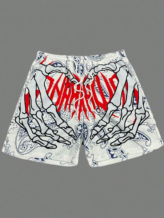 Men's Fashion Hawaiian Pattern Drawstring Waist Shorts With Skull Print, Suitable For Beach, Pool And Vacation