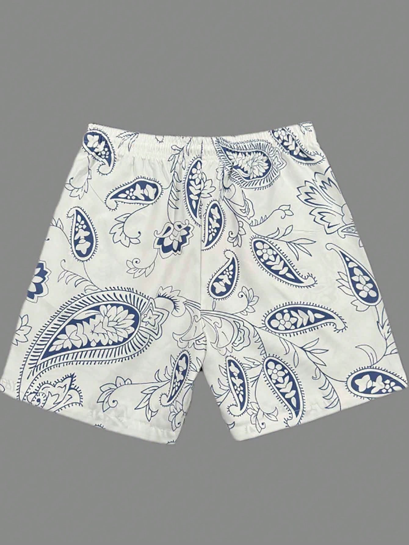 Men's Fashion Hawaiian Pattern Drawstring Waist Shorts With Skull Print, Suitable For Beach, Pool And Vacation
