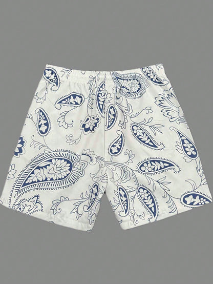 Men's Fashion Hawaiian Pattern Drawstring Waist Shorts With Skull Print, Suitable For Beach, Pool And Vacation