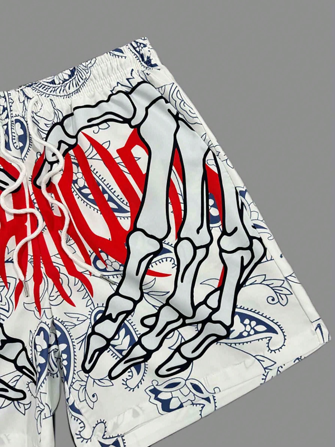 Men's Fashion Hawaiian Pattern Drawstring Waist Shorts With Skull Print, Suitable For Beach, Pool And Vacation