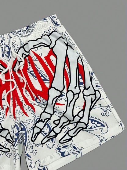 Men's Fashion Hawaiian Pattern Drawstring Waist Shorts With Skull Print, Suitable For Beach, Pool And Vacation