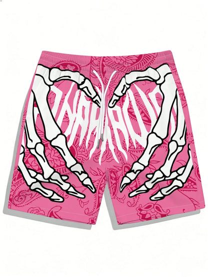 Men's Fashion Hawaiian Pattern Drawstring Waist Shorts With Skull Print, Suitable For Beach, Pool And Vacation
